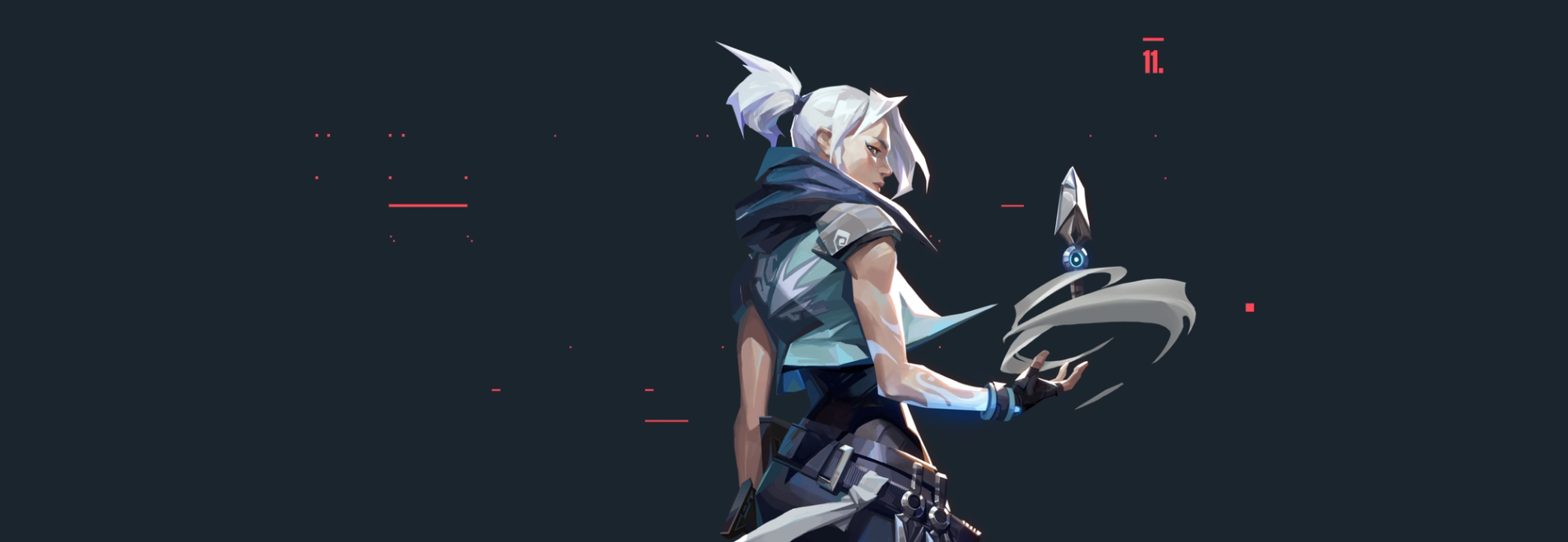 Arte oficial da Jett, de cabelo branco e roupa azul